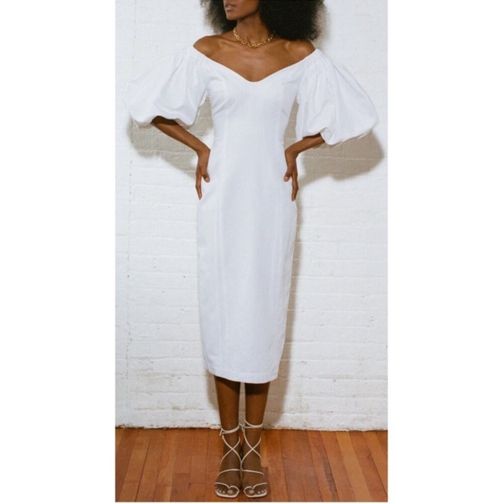 MARA HOFFMAN Namari Off the Shoulder Puff Sleeve Linen White Midi Dress Size 2